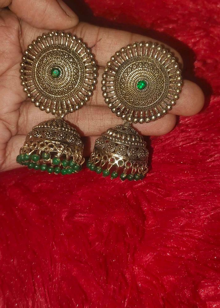 Antique Jhumka Earrings with Green Beads