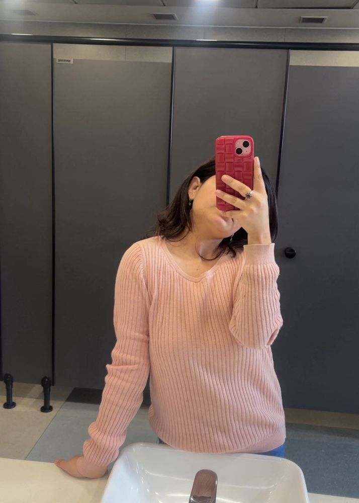 Light Pink Ribbed V-Neck Sweater