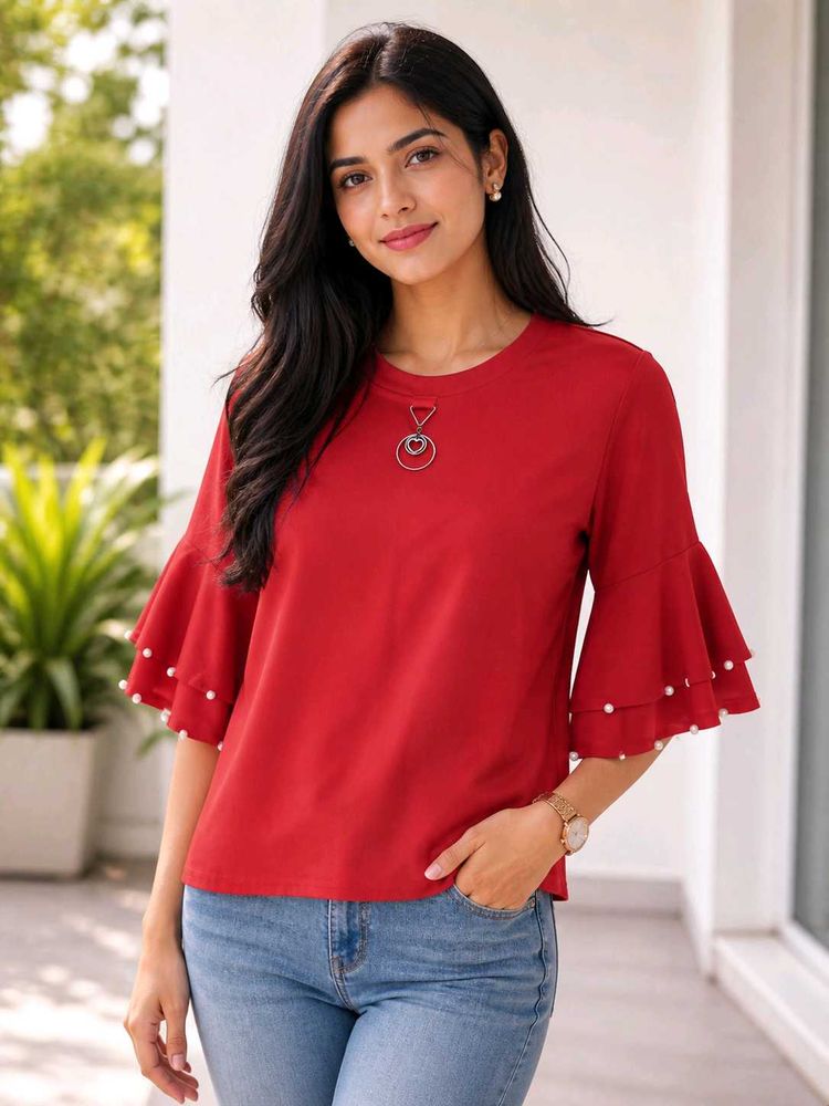 Red Bell Sleeve Short Length Top