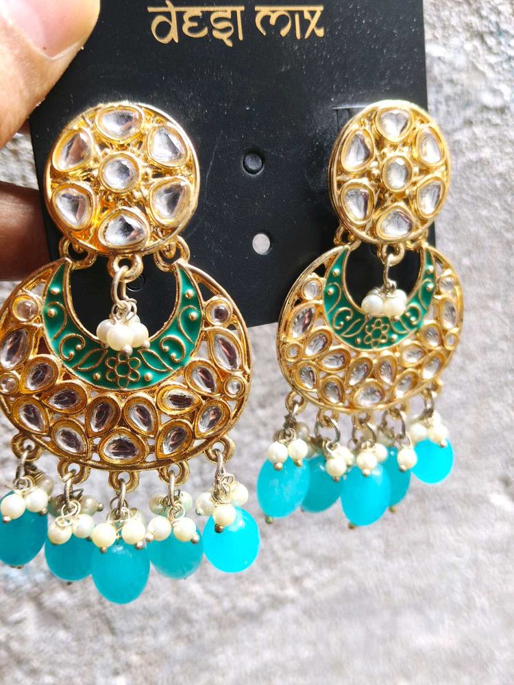 Stunning Blue &amp; Gold Jhumka Earrings