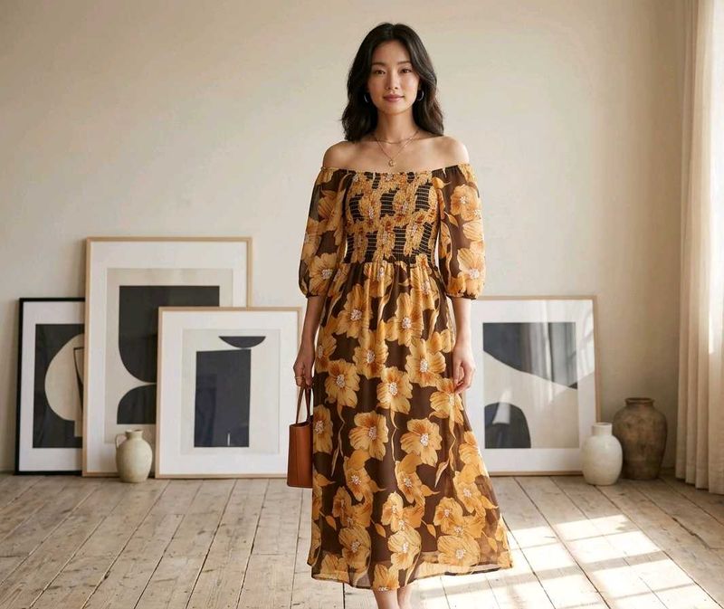 korean Off-Shoulder Floral Print Midi Dress