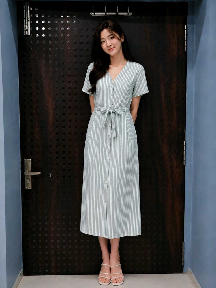 Striped V-Neck Button-Front Dress