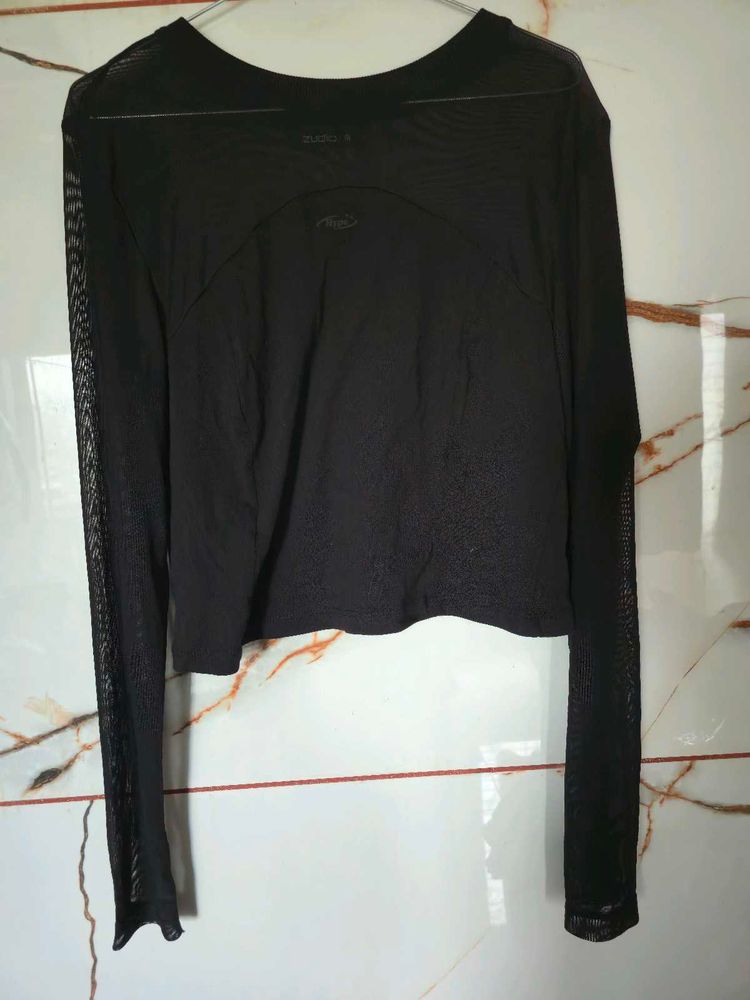 Black Mesh Sleeve Crop Top