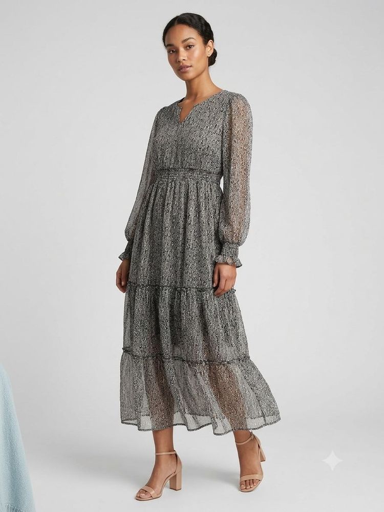 tiered long-sleeve midi dress