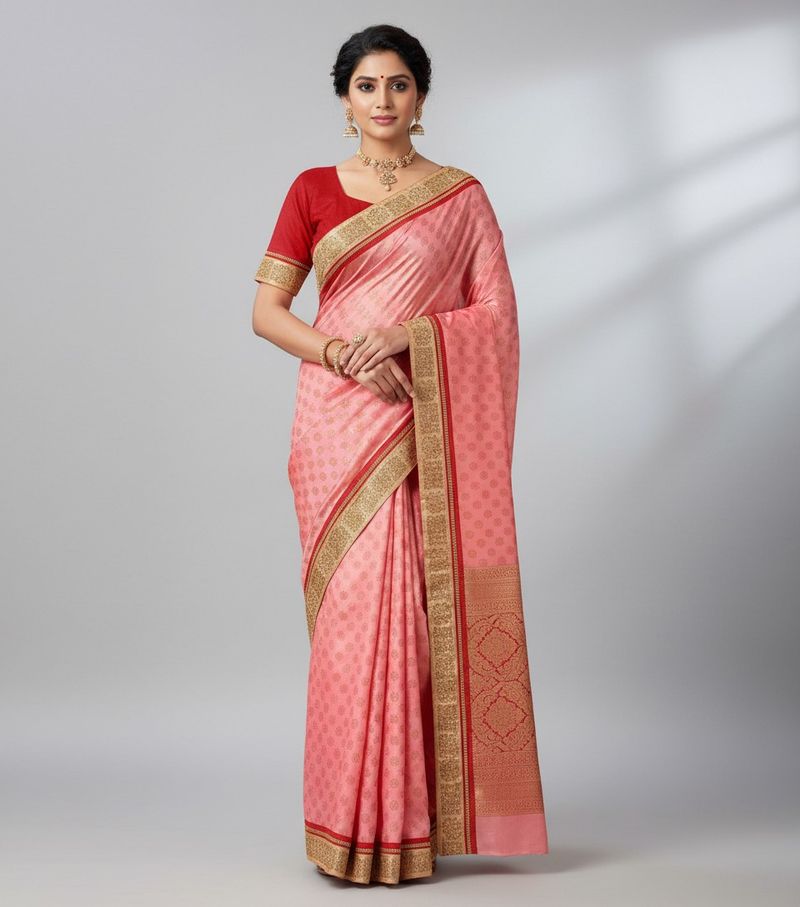 Pink Saree with Red stitched Blouse