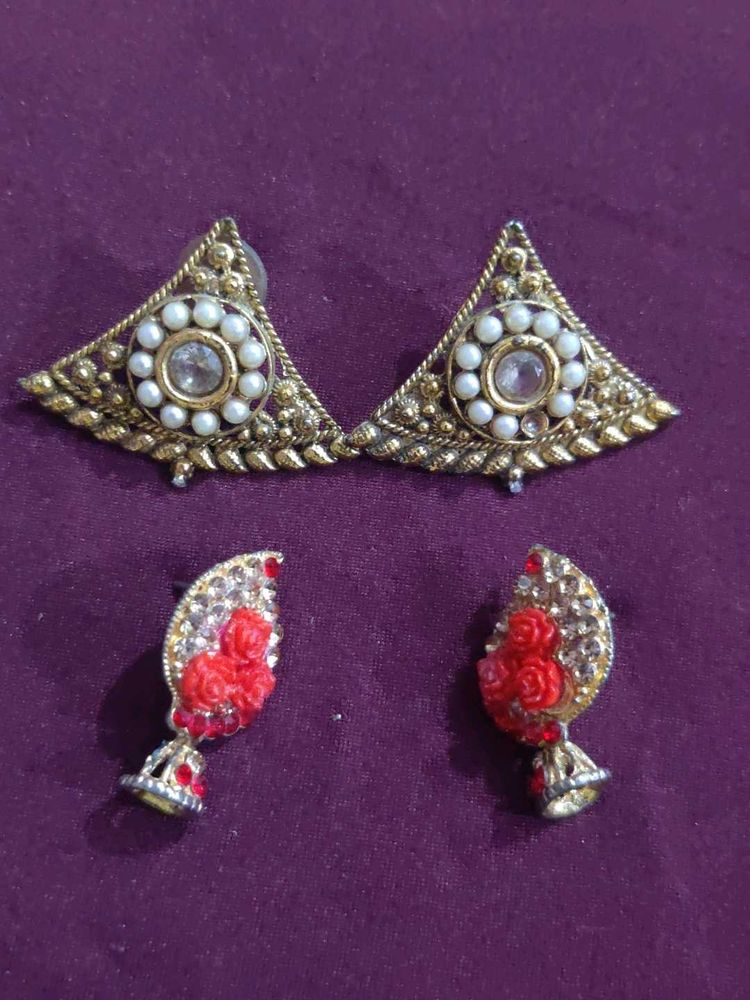 Elegant Pearl and Red Rose Earrings