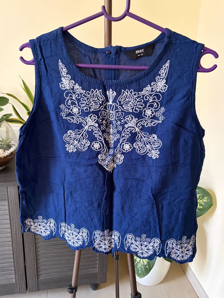 Navy Blue Embroidered Sleeveless Top