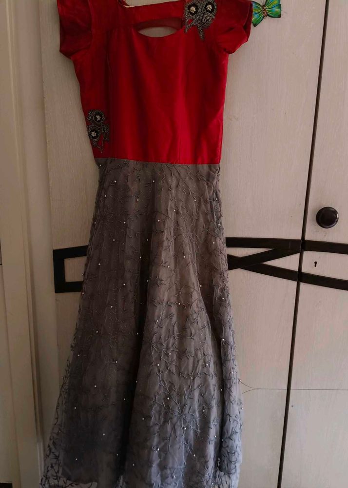 Elegant Red &amp; Grey Embellished Gown
