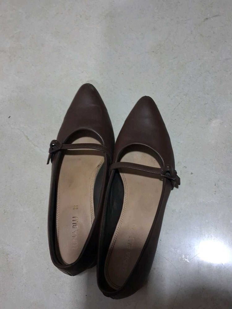 Brown Pointed Toe Flats with Strap