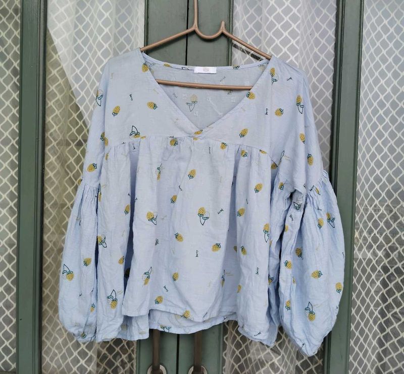 Cute Light Blue Fruit Print Blouse