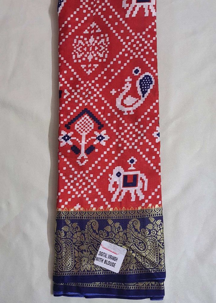 Red Printed Saree with Blouse