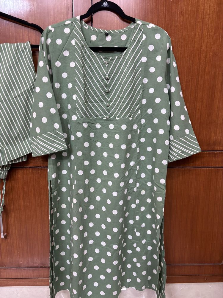 Green Polka Dot Kurta with Striped Pants