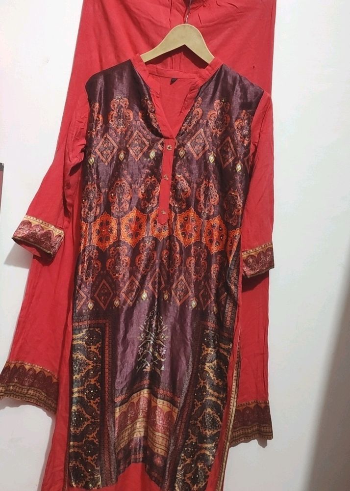 Coral &amp; Brown Kurta Plazo For 32 Bust