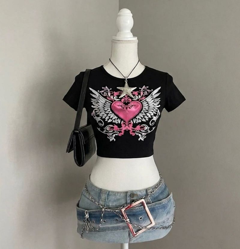Y2K Black Crop Top with Winged Heart 💓