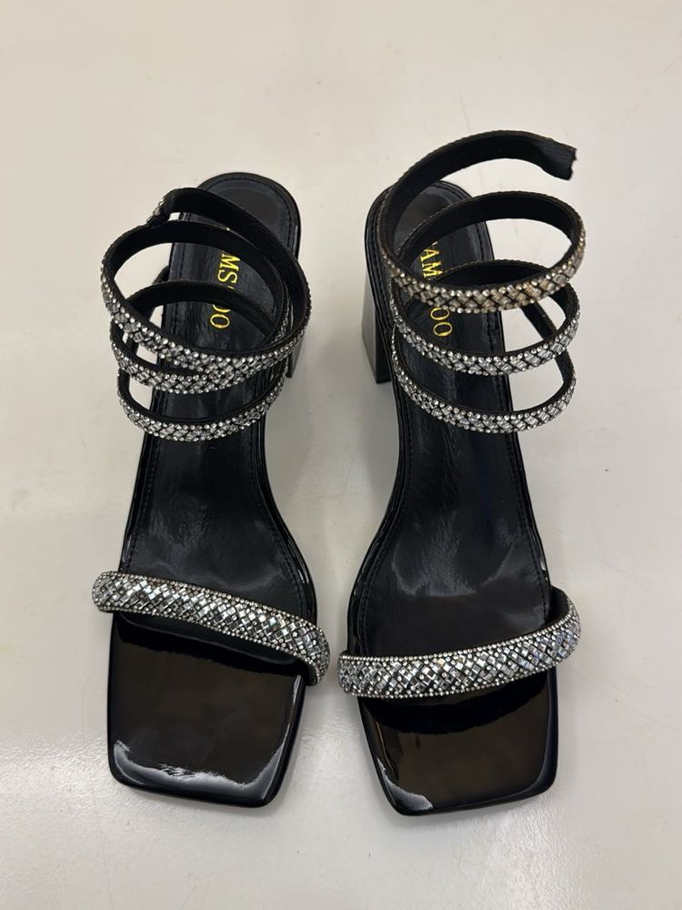 Sparkling Black Block Heels