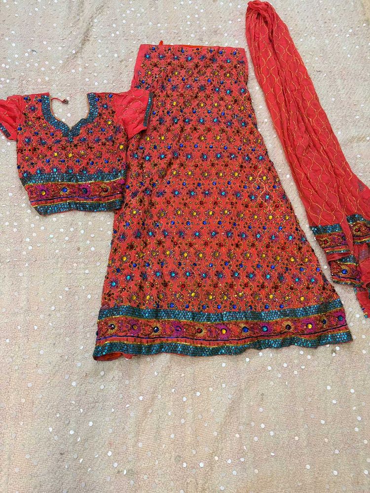 y2k Coral Lehenga Choli Set