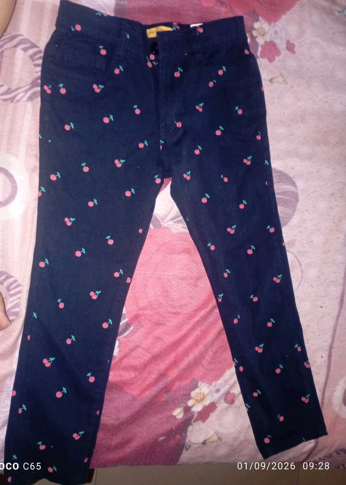Cute Cherry Print Dark Blue Pants