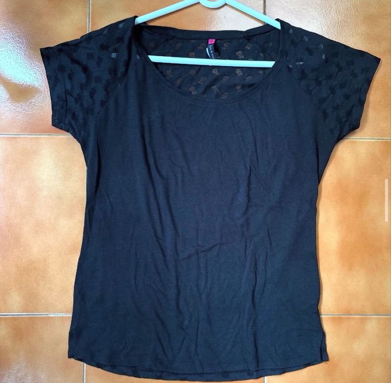 Chic Black T-Shirt with Sheer Sleeves and Back