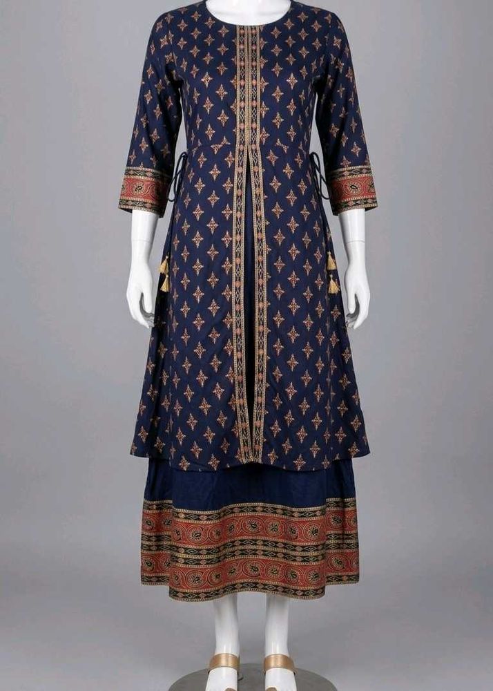 Navy Blue Layered Geometric Print Kurti