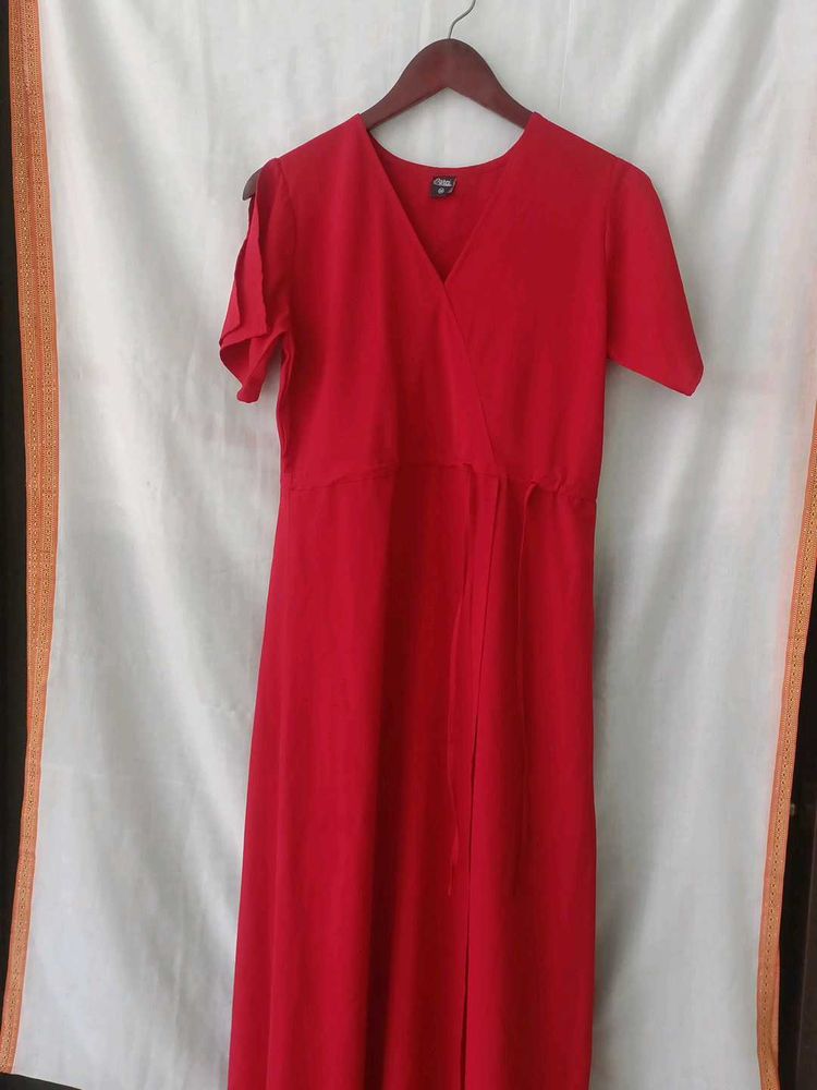 V-Neck Red Wrap Dress