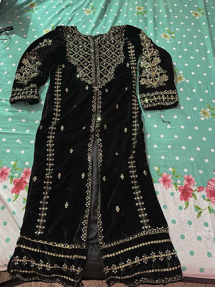 Black Velvet Palazzo Pants with Sequins