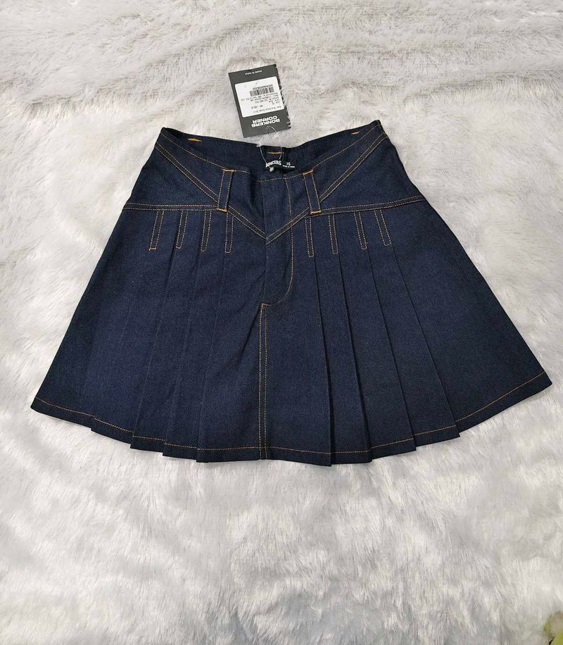 Dark Wash Pleated Denim Mini Skirt