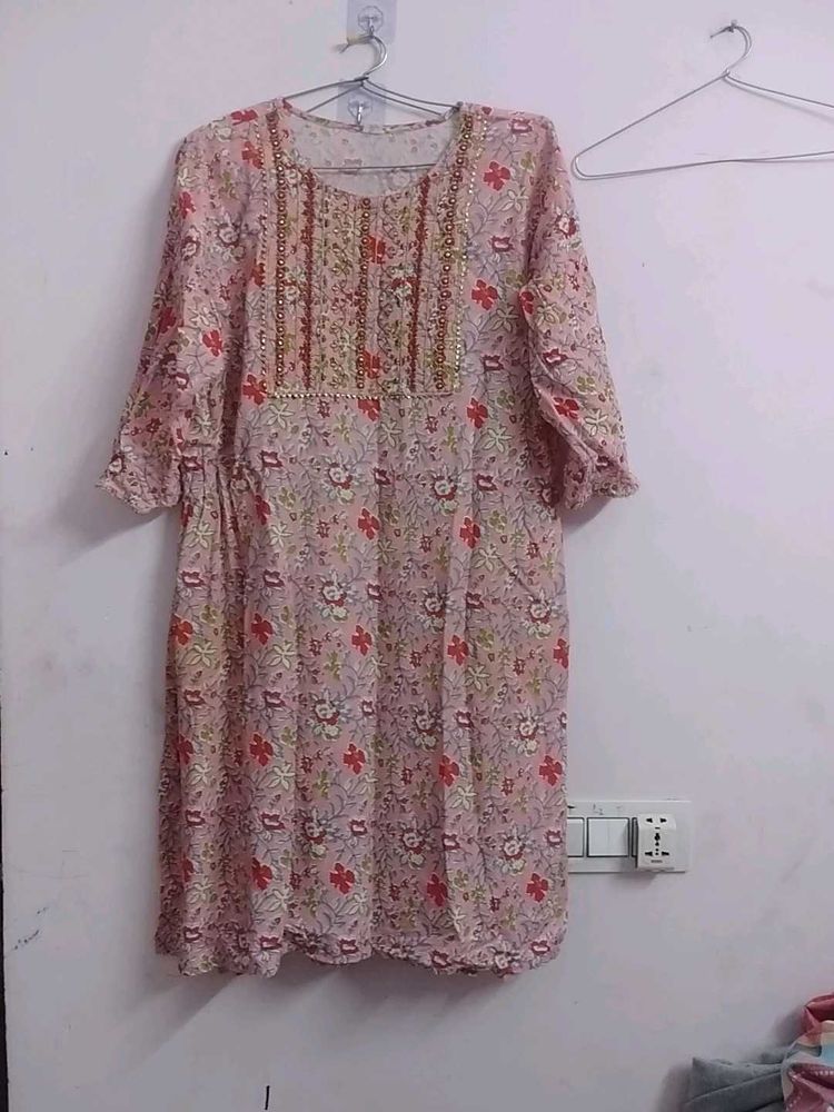 Pink Floral Kurta with Embellished Neckline