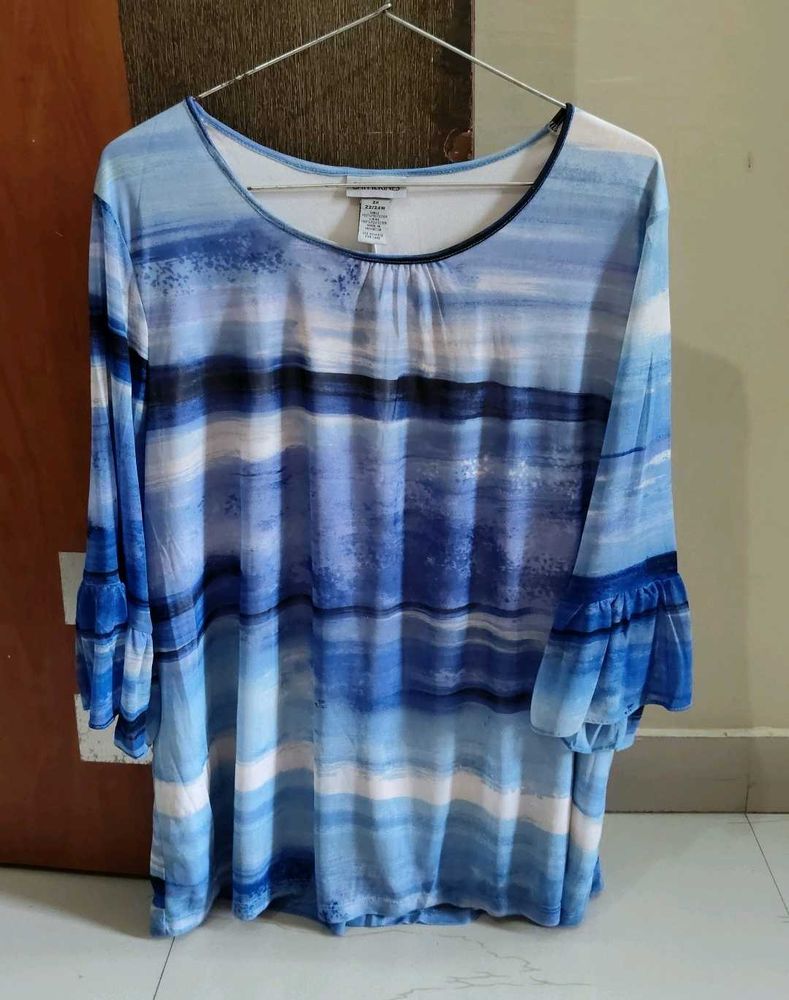 Blue Abstract Print Ruffle Sleeve Top