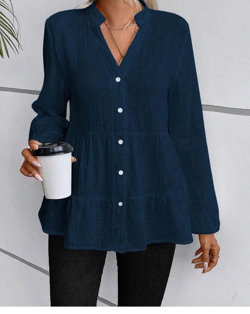 Chic Navy Tiered Button-Up Tunic Top