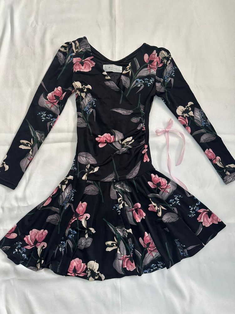 Black Floral Wrap Dress with Ruched Detail