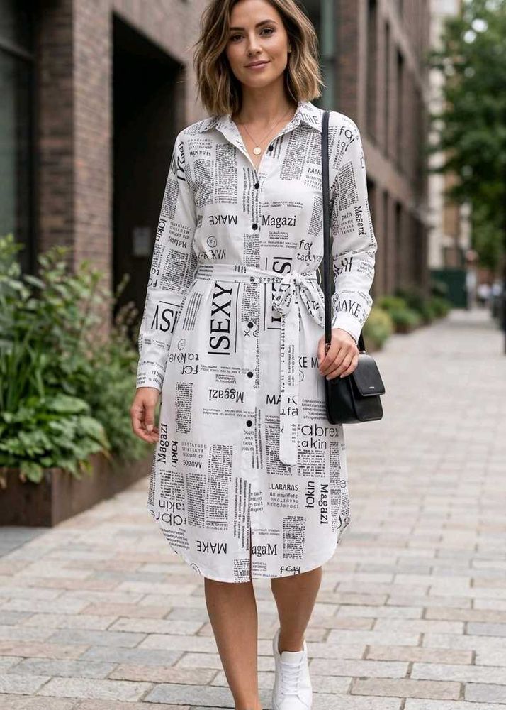 Chic Newspaper Print Shirt Dress