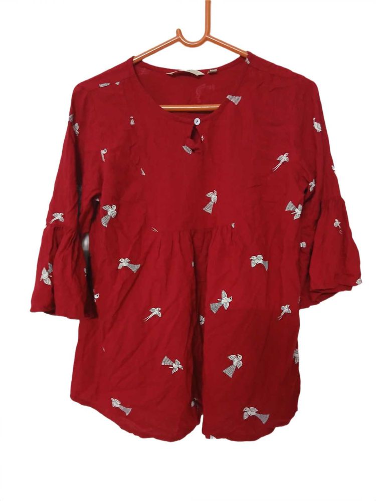 Red Embroidered Bell Sleeve Top
