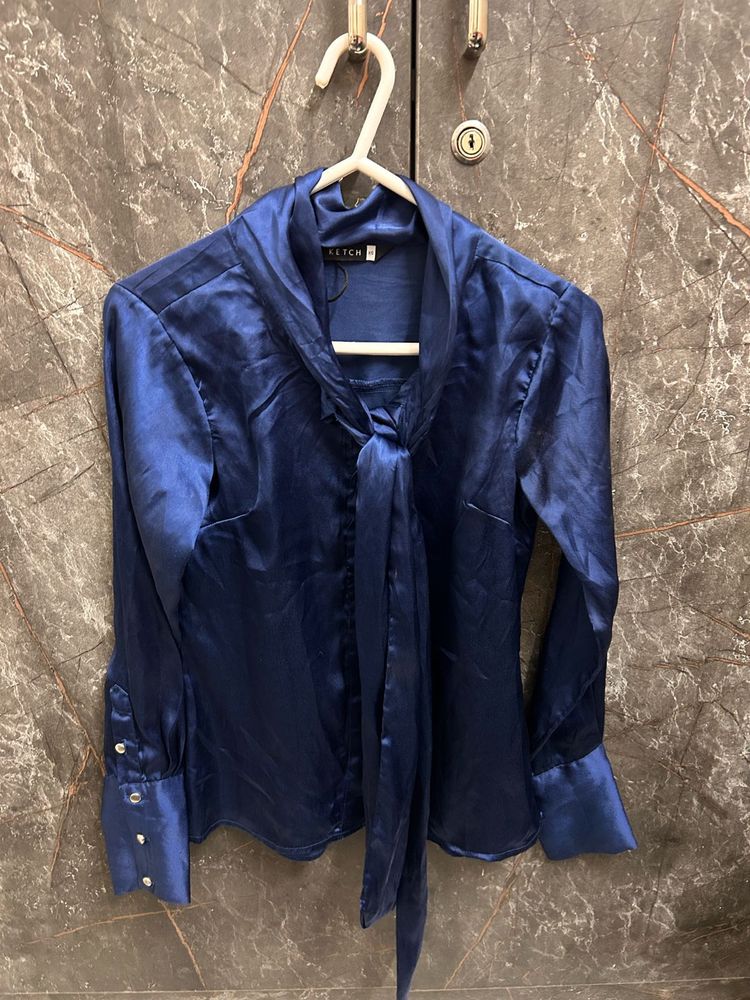 Elegant Navy Blue Satin Bow Blouse