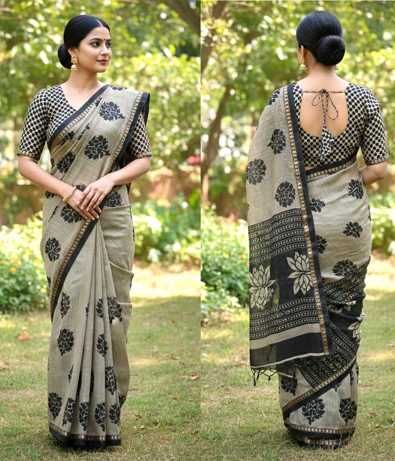 Elegant Floral Print Saree with Contrast Blouse