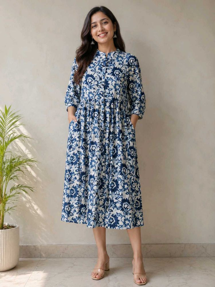 Blue Floral Print Cotton dress