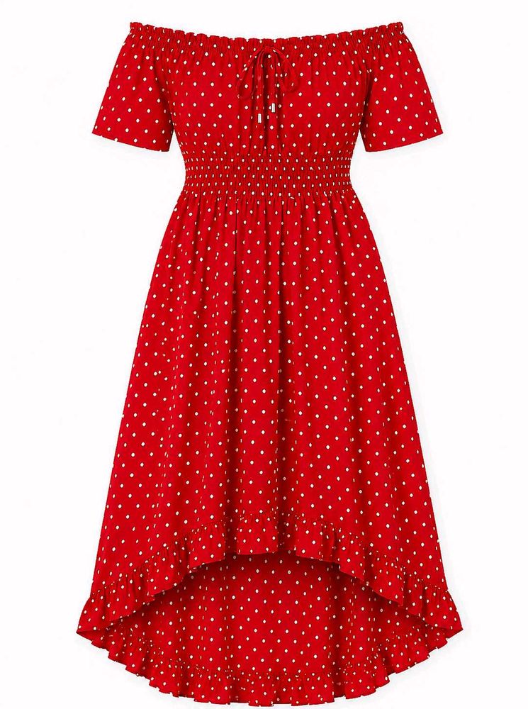 Red Polka Dot Off-Shoulder cotton dress