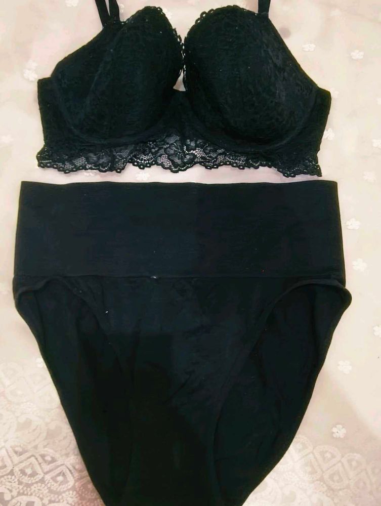 Lace Trim Bra &amp; High Waist Brief Set