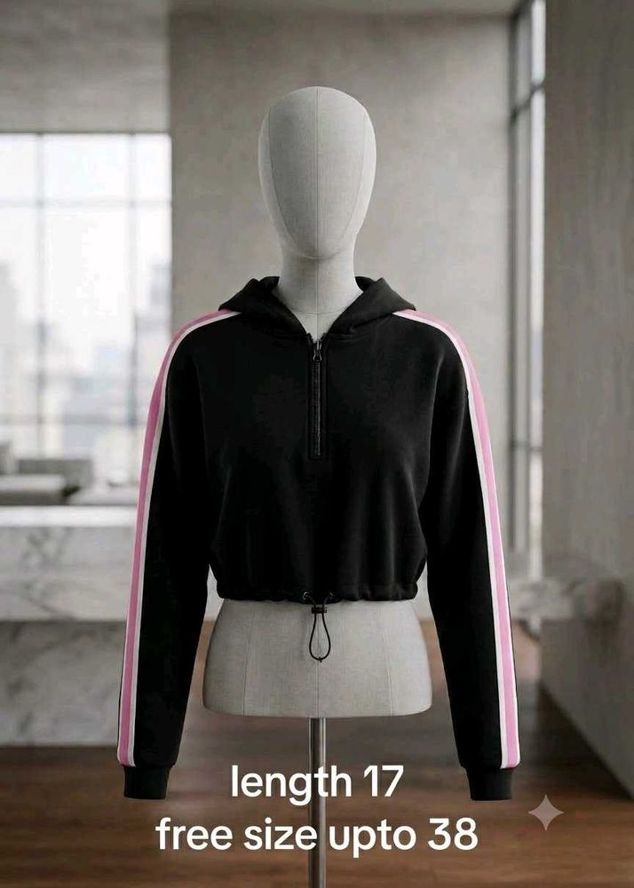 Cropped Hoodie with Pink Stripes