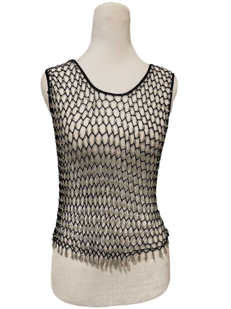 Sheer Black Mesh &amp; Silver Beaded Tank Top