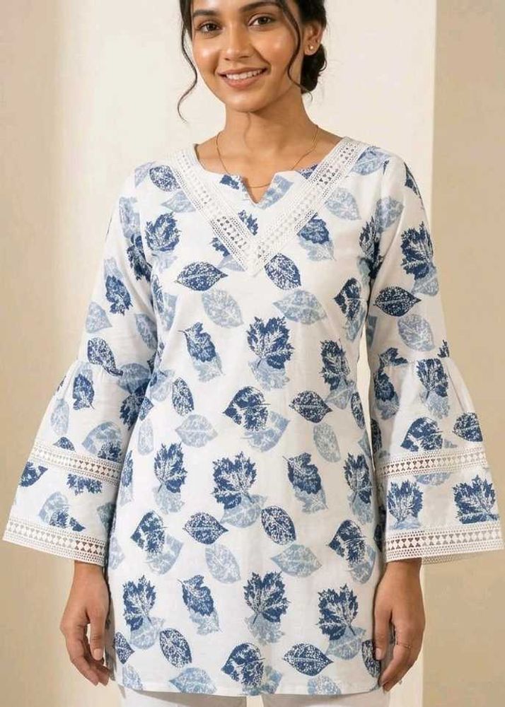 White Blue Leaf Print Kurta