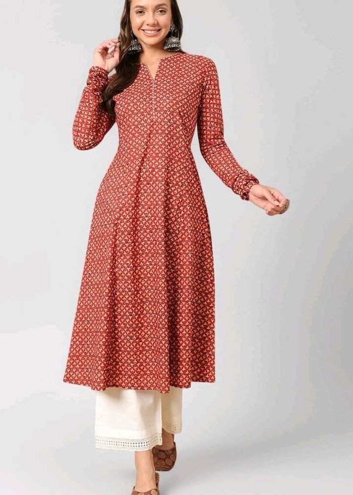 Red Printed Long Kurta with Full Sleeves