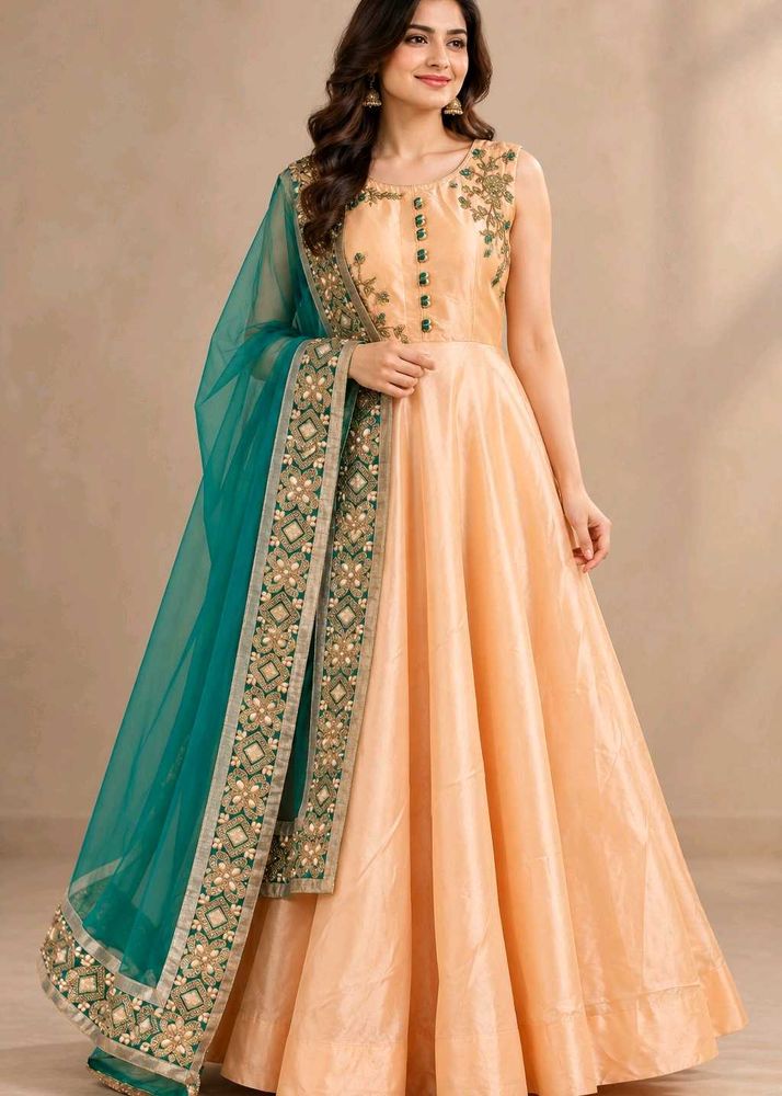 Women’s Peach Golden Embroidered Anarkali Gown wit