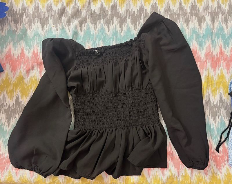 Black Smocked Puff Sleeve Top