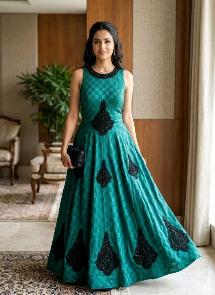 Green &amp; Black Checked Ethnic Gown