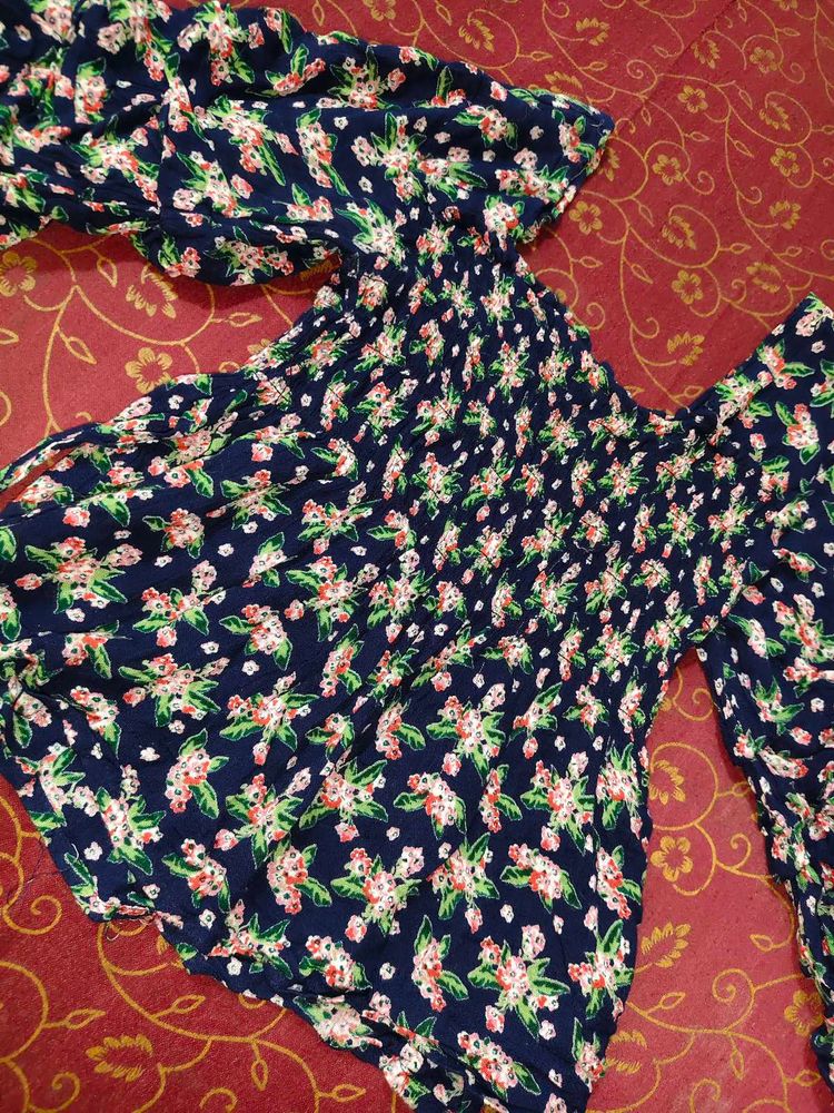 Navy Floral Smocked Top