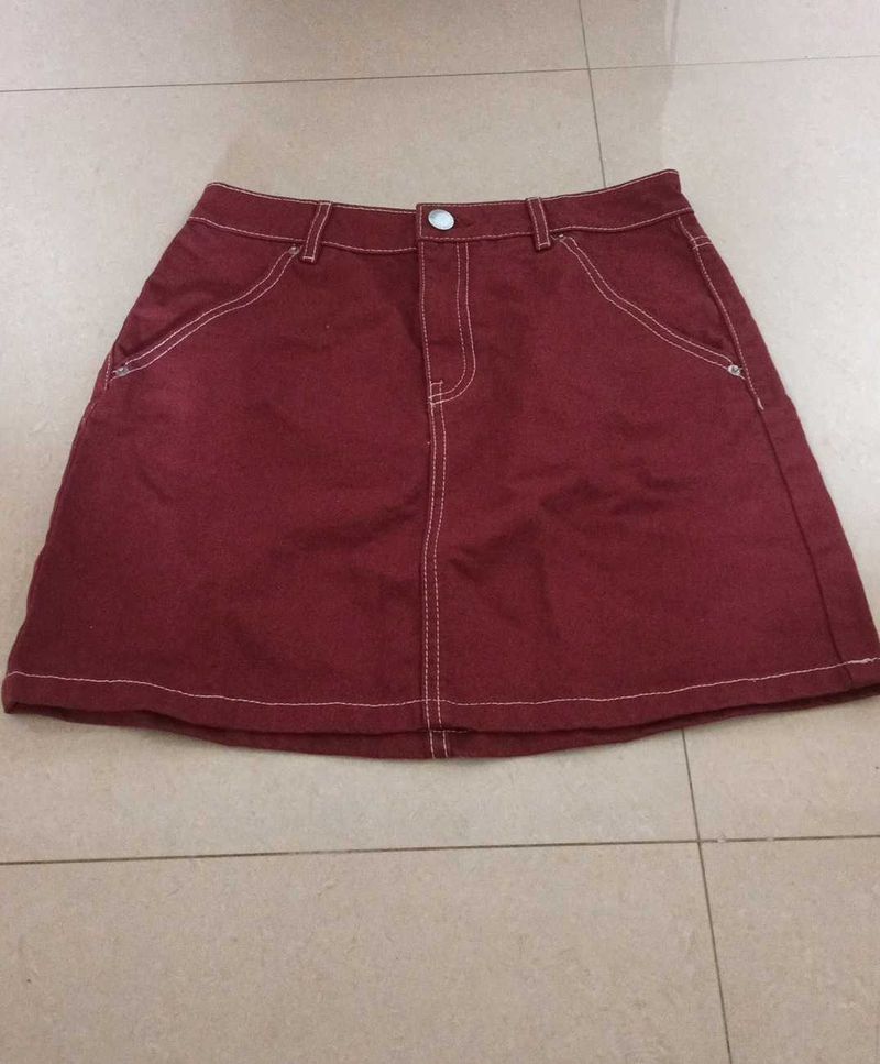 Maroon Denim Mini Skirt