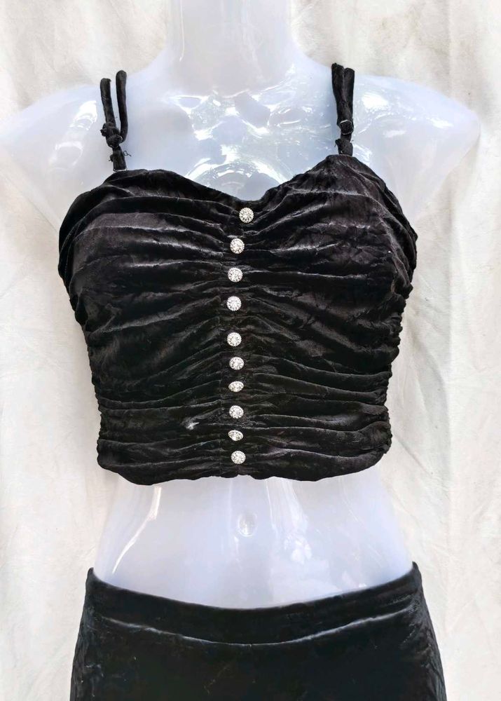 I. Black Velvet Ruched Crop Top