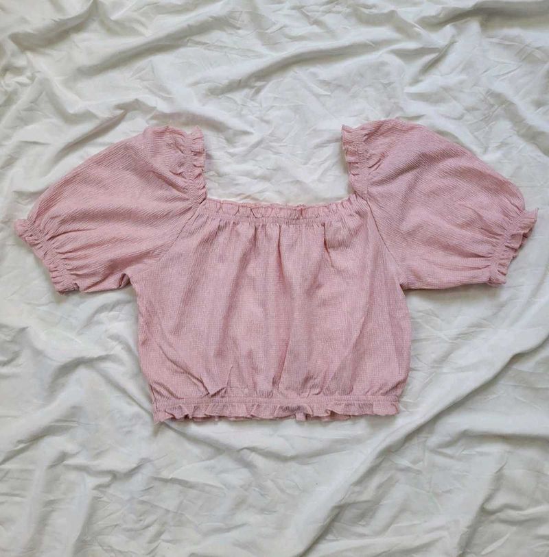 Cute Pink Puff Sleeve Crop Top