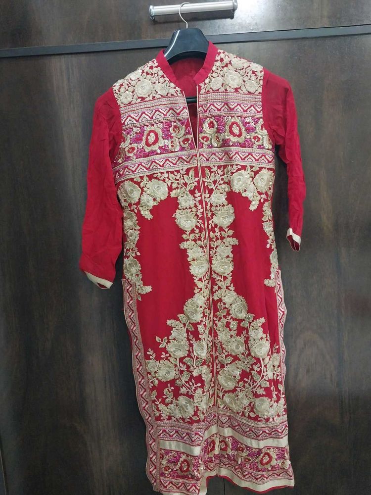 Red Embroidered Shirt With Pajami