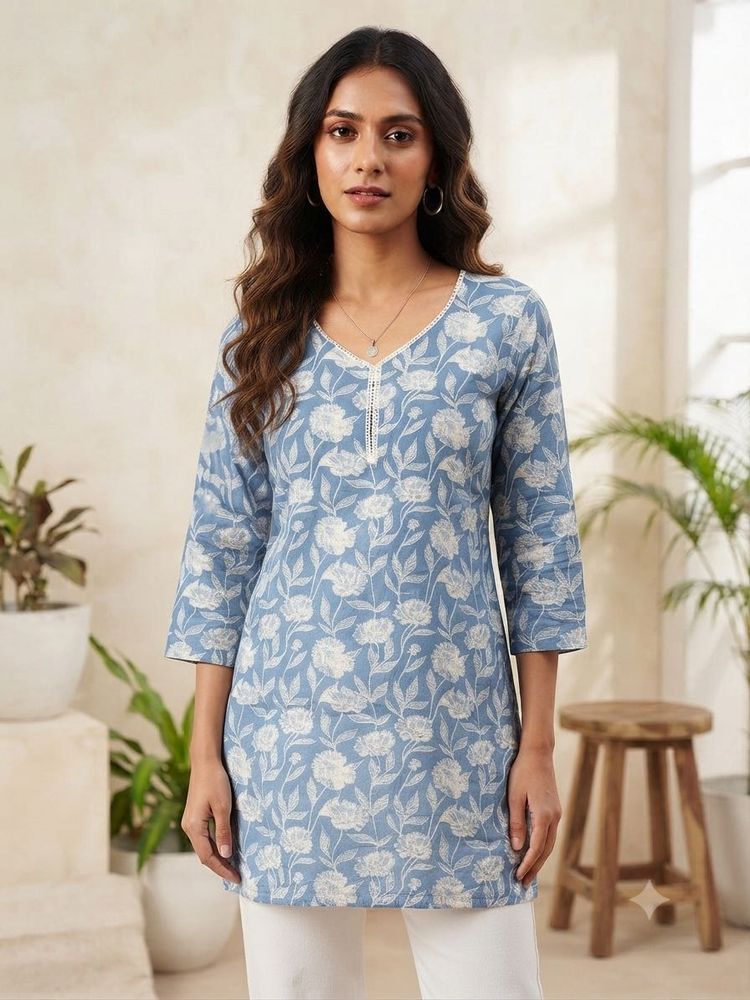Blue Floral Print Kurti Top